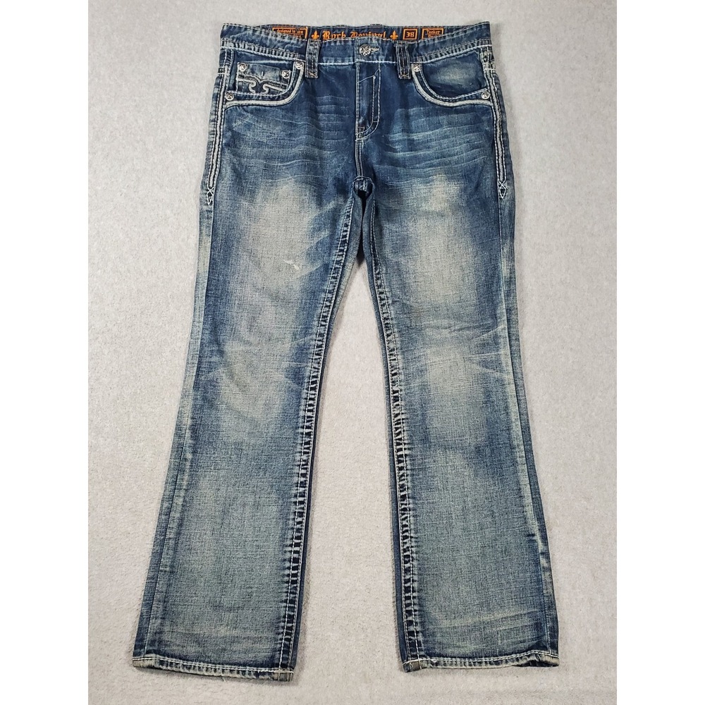 Rock Revival Tucker Boot Mens 38X33 Jeans Medium Wash Embroidered Flap Pocket